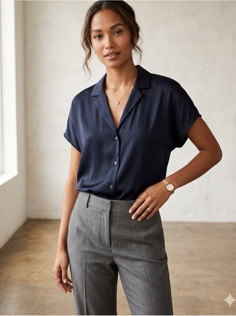 Banana Republic Ladies Resort style Camp Shirt - Black - Large TALL